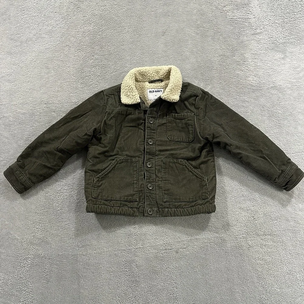Old Navy Sherpa Lined Jacket Youth 5T Olive Green Corduroy Outdoors Button